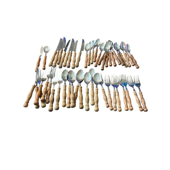 Vintage Lifetime Old Homestead Stainless Flatware Set W/ Wooden Handles 50 Piece - Picture 1 of 7